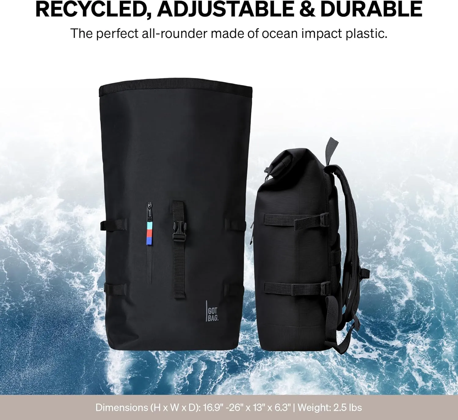 GOT BAG - ROLLTOP Backpack, Hiking & Travel with a 15” Laptop Sleeve, Eco-Conscious Bag Made of Recycled Ocean Impact Plastic™ (Black Color)