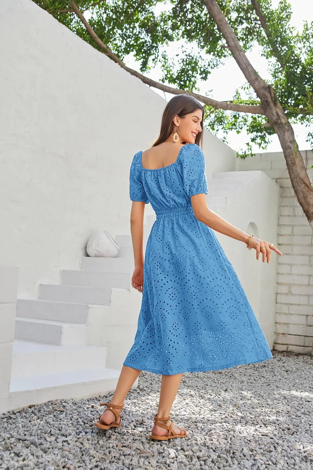 GRACE KARIN 2025 Women's Eyelet Dresses Summer Square Neck Short Puff Sleeve Casual A Line Boho Midi Dress