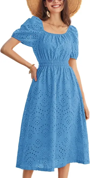 GRACE KARIN 2025 Women's Eyelet Dresses Summer Square Neck Short Puff Sleeve Casual A Line Boho Midi Dress