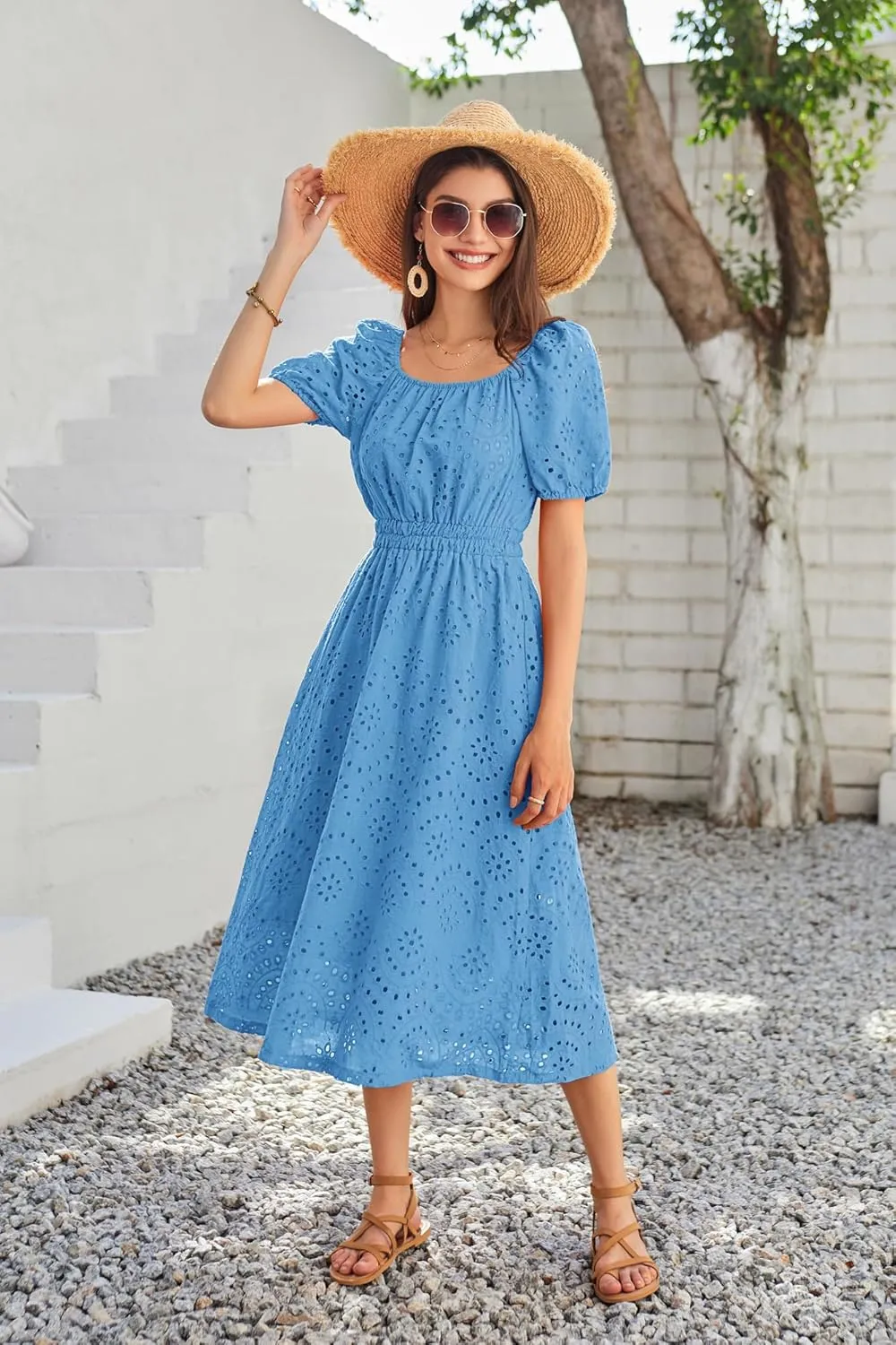 GRACE KARIN 2025 Women's Eyelet Dresses Summer Square Neck Short Puff Sleeve Casual A Line Boho Midi Dress