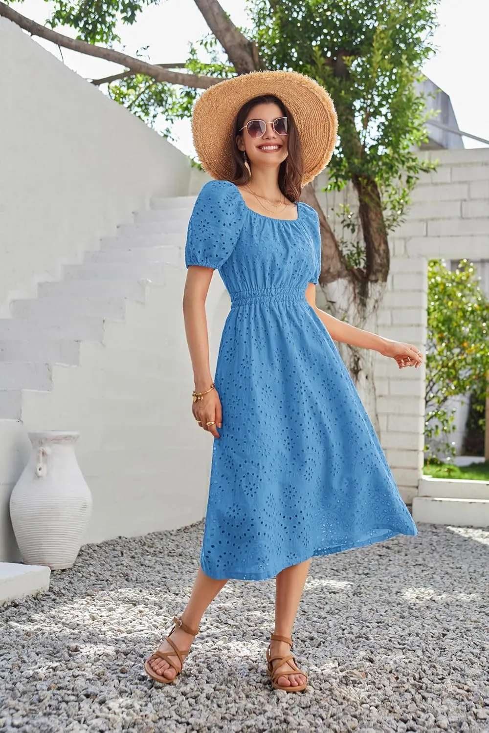 GRACE KARIN 2025 Women's Eyelet Dresses Summer Square Neck Short Puff Sleeve Casual A Line Boho Midi Dress