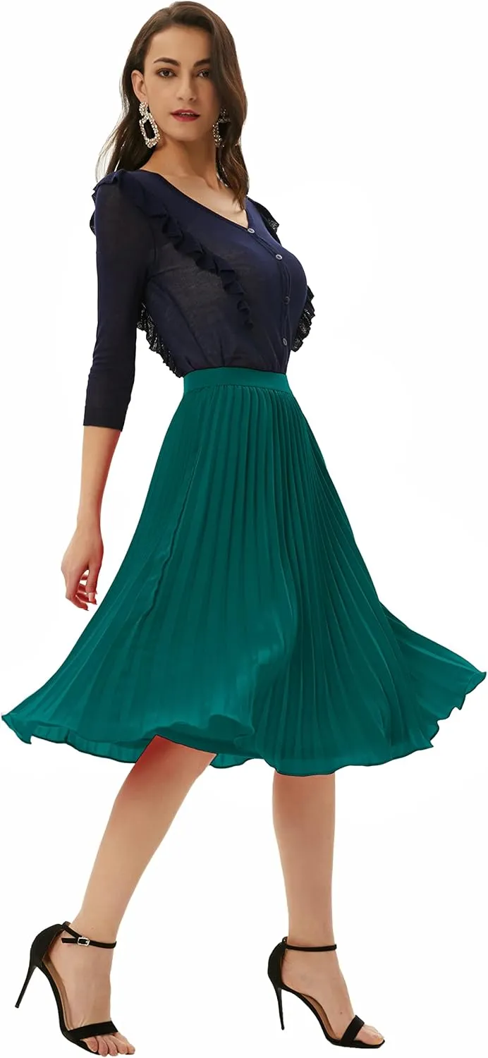 GRACE KARIN Women High Elastic Waist Pleated Chiffon Skirt Midi Swing A-line Skirts