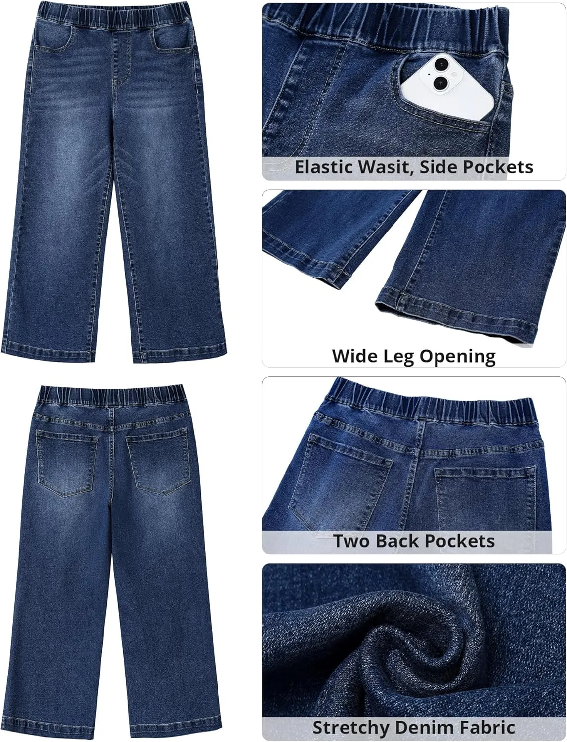 GRAPENT Capri Jeans for Women Wide Leg High Waisted Pull On Trendy Stretchy Denim Elastic Waist Jean Pants with Pockets