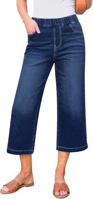 GRAPENT Capri Jeans for Women Wide Leg High Waisted Pull On Trendy Stretchy Denim Elastic Waist Jean Pants with Pockets