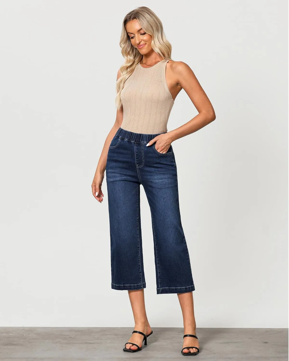 GRAPENT Capri Jeans for Women Wide Leg High Waisted Pull On Trendy Stretchy Denim Elastic Waist Jean Pants with Pockets