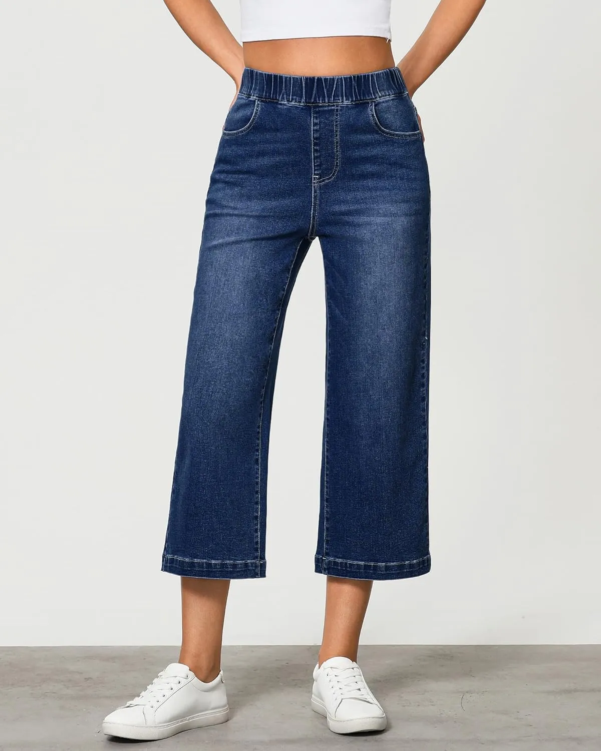 GRAPENT Capri Jeans for Women Wide Leg High Waisted Pull On Trendy Stretchy Denim Elastic Waist Jean Pants with Pockets
