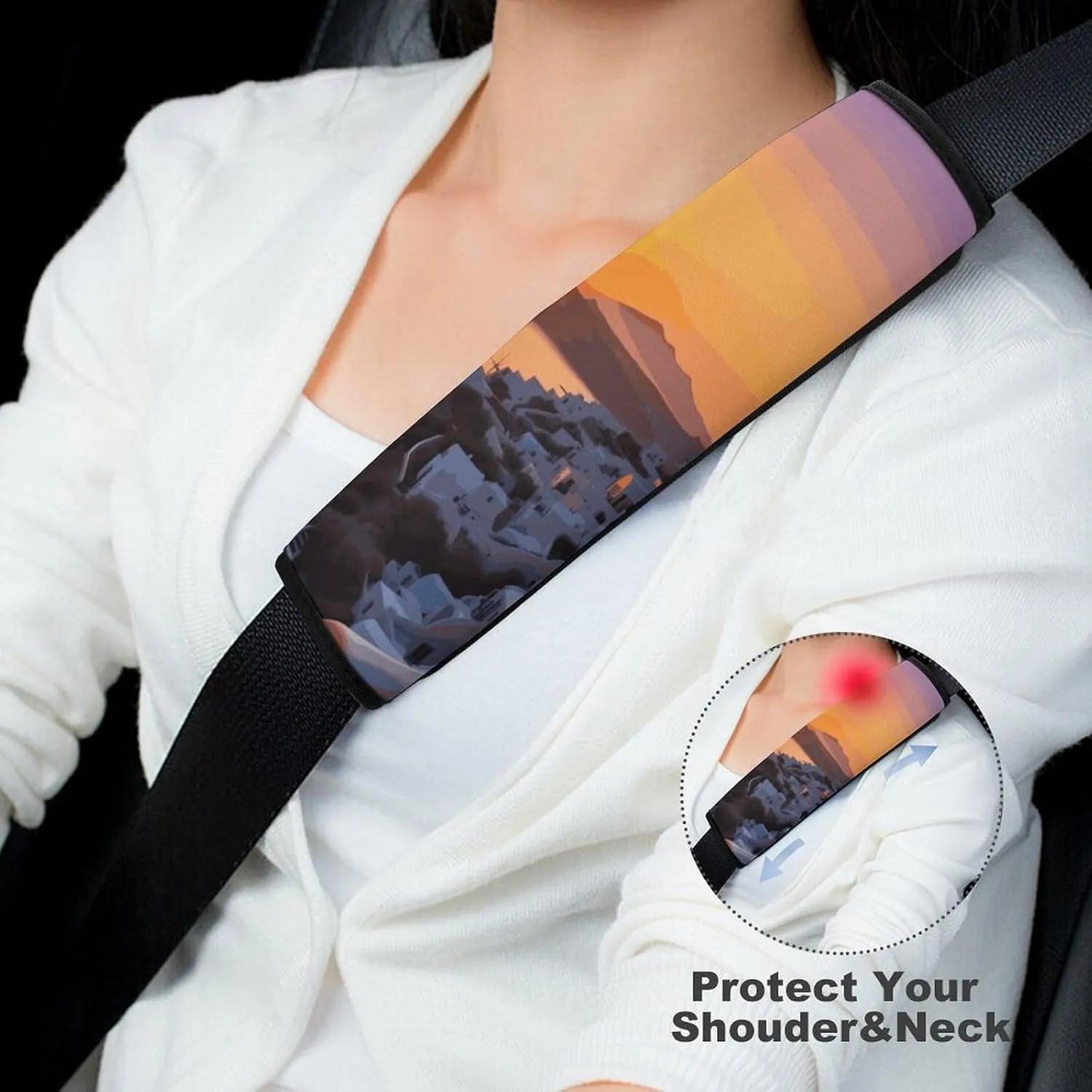 Greece Island Sunset Landscape Auto Seat Belt Cover 2PCS Universal Car Seat Belt Shoulder Protector Pad, Protect Your Shoulders and Neck for Car Seat Belt, Shoulder Bag, Backpack