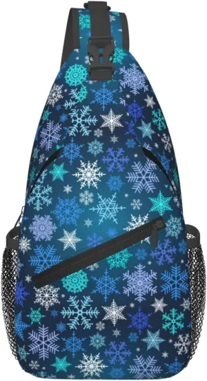 Green Blue Snowflake Merry Christmas Cross Chest Bag Diagonally Hiking Crossbody Bag Travel Shoulder Daypack Lightweight Sling Backpack Cycling Daypacks Fitness Chest Backpacks