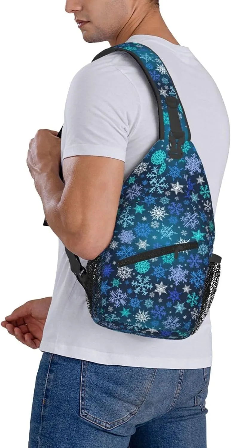 Green Blue Snowflake Merry Christmas Cross Chest Bag Diagonally Hiking Crossbody Bag Travel Shoulder Daypack Lightweight Sling Backpack Cycling Daypacks Fitness Chest Backpacks