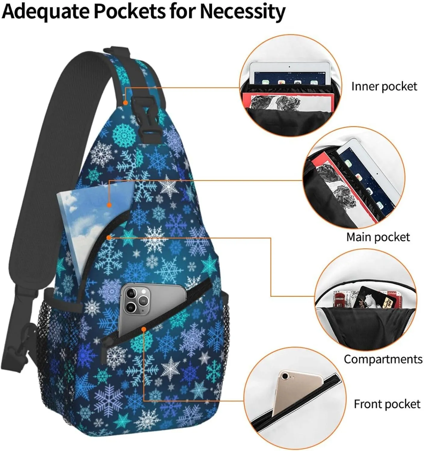 Green Blue Snowflake Merry Christmas Cross Chest Bag Diagonally Hiking Crossbody Bag Travel Shoulder Daypack Lightweight Sling Backpack Cycling Daypacks Fitness Chest Backpacks
