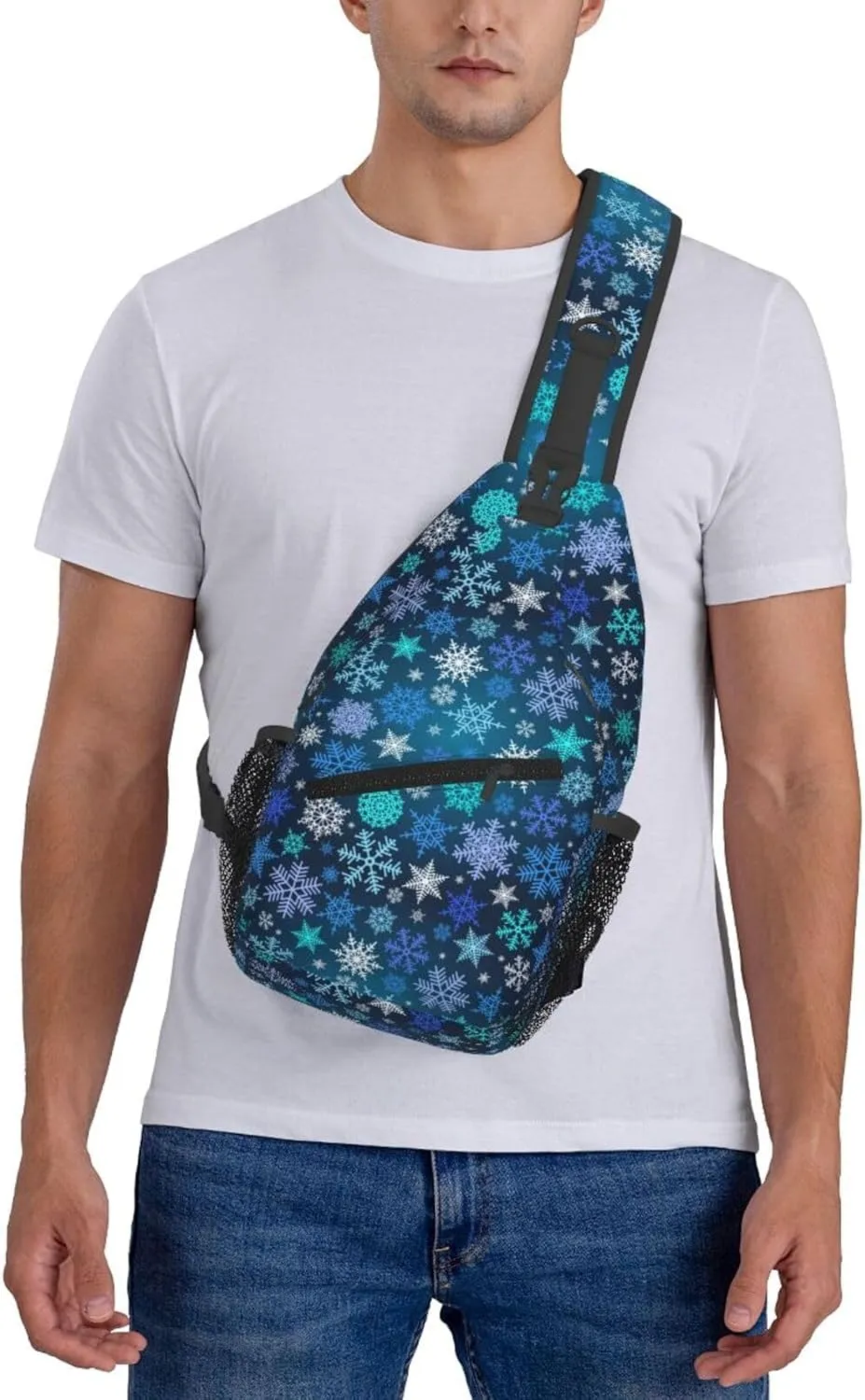 Green Blue Snowflake Merry Christmas Cross Chest Bag Diagonally Hiking Crossbody Bag Travel Shoulder Daypack Lightweight Sling Backpack Cycling Daypacks Fitness Chest Backpacks