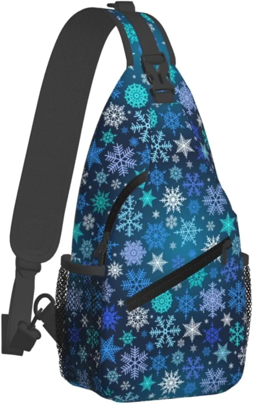 Green Blue Snowflake Merry Christmas Cross Chest Bag Diagonally Hiking Crossbody Bag Travel Shoulder Daypack Lightweight Sling Backpack Cycling Daypacks Fitness Chest Backpacks