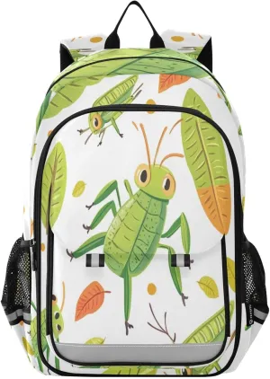 Green Grasshoppers Leaves Backpack Girls Boys Elementary School Bags Bookbags Laptop Backpack Travel Daypack Safe Reflective Stripes