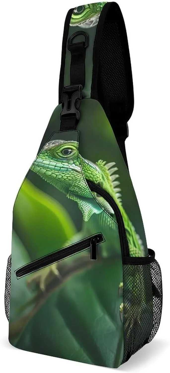 Green Lizard Sling Backpack Crossbody Chest Bag Print Shoulder Bag Travel Daypack for Sports Running Hiking