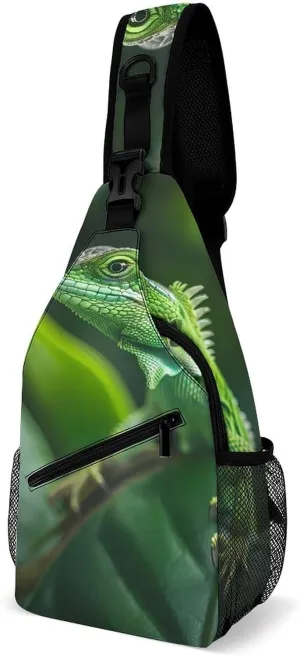 Green Lizard Sling Backpack Crossbody Chest Bag Print Shoulder Bag Travel Daypack for Sports Running Hiking