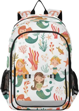 Green Mermaids and Coral Backpack for Boys Girls Elementary School Bag Kids Bookbag Travel Rucksack With Reflective Stripes