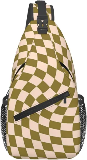 Green Moss Twist Check Chest Sling Bag Crossbody Shoulder Backpack Bag Gym Cycling Daypack Travel Hiking Cross Bag