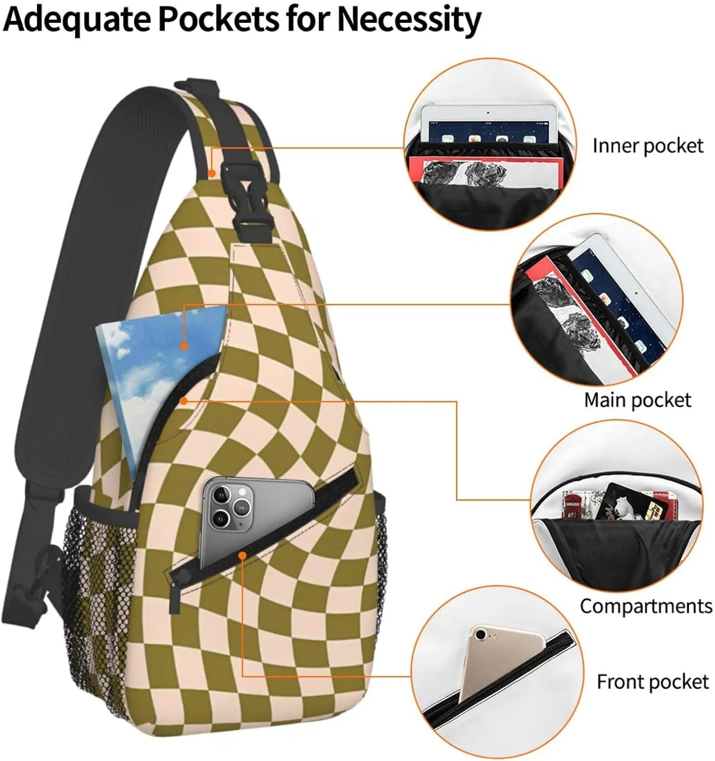 Green Moss Twist Check Chest Sling Bag Crossbody Shoulder Backpack Bag Gym Cycling Daypack Travel Hiking Cross Bag