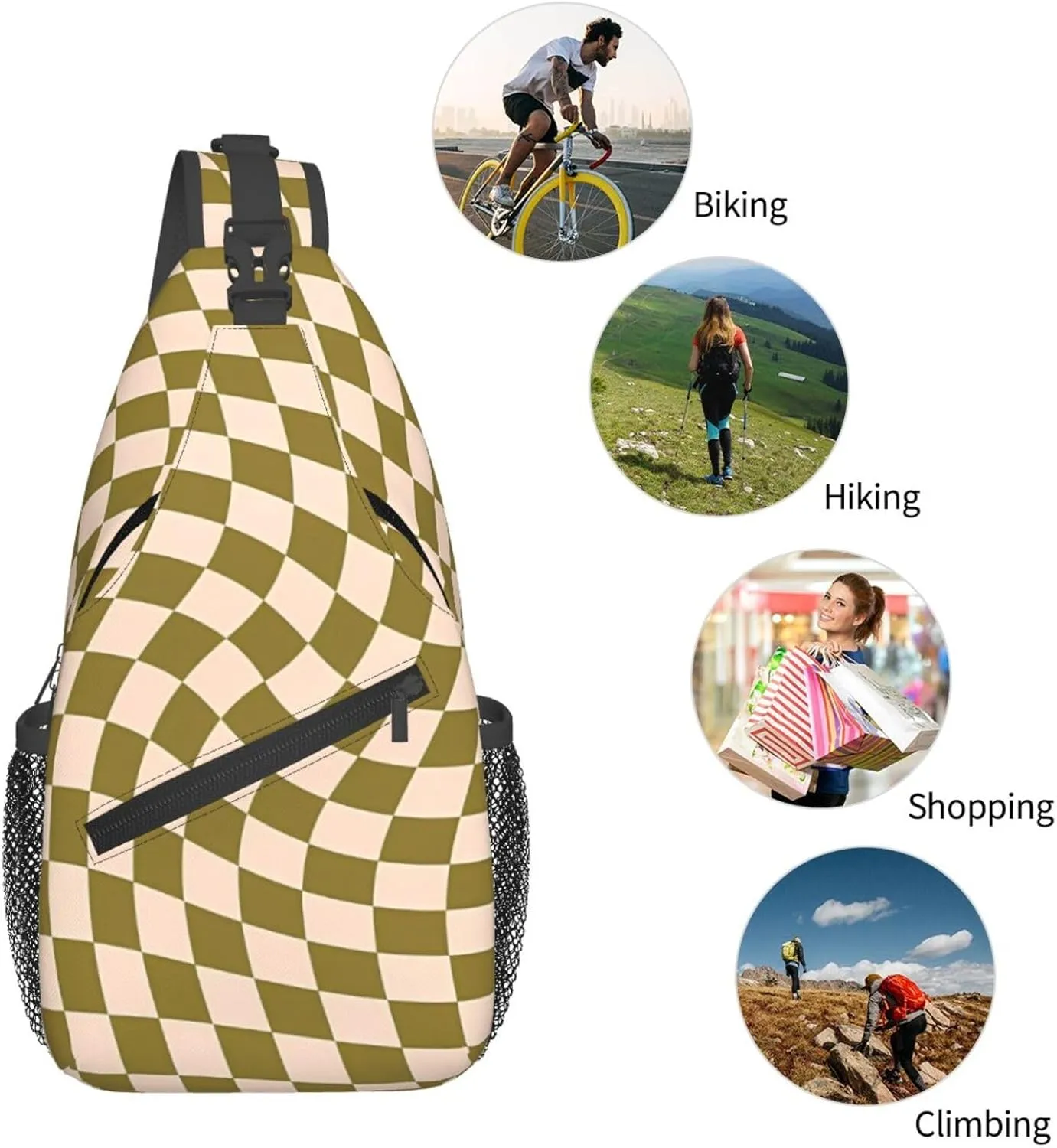 Green Moss Twist Check Chest Sling Bag Crossbody Shoulder Backpack Bag Gym Cycling Daypack Travel Hiking Cross Bag