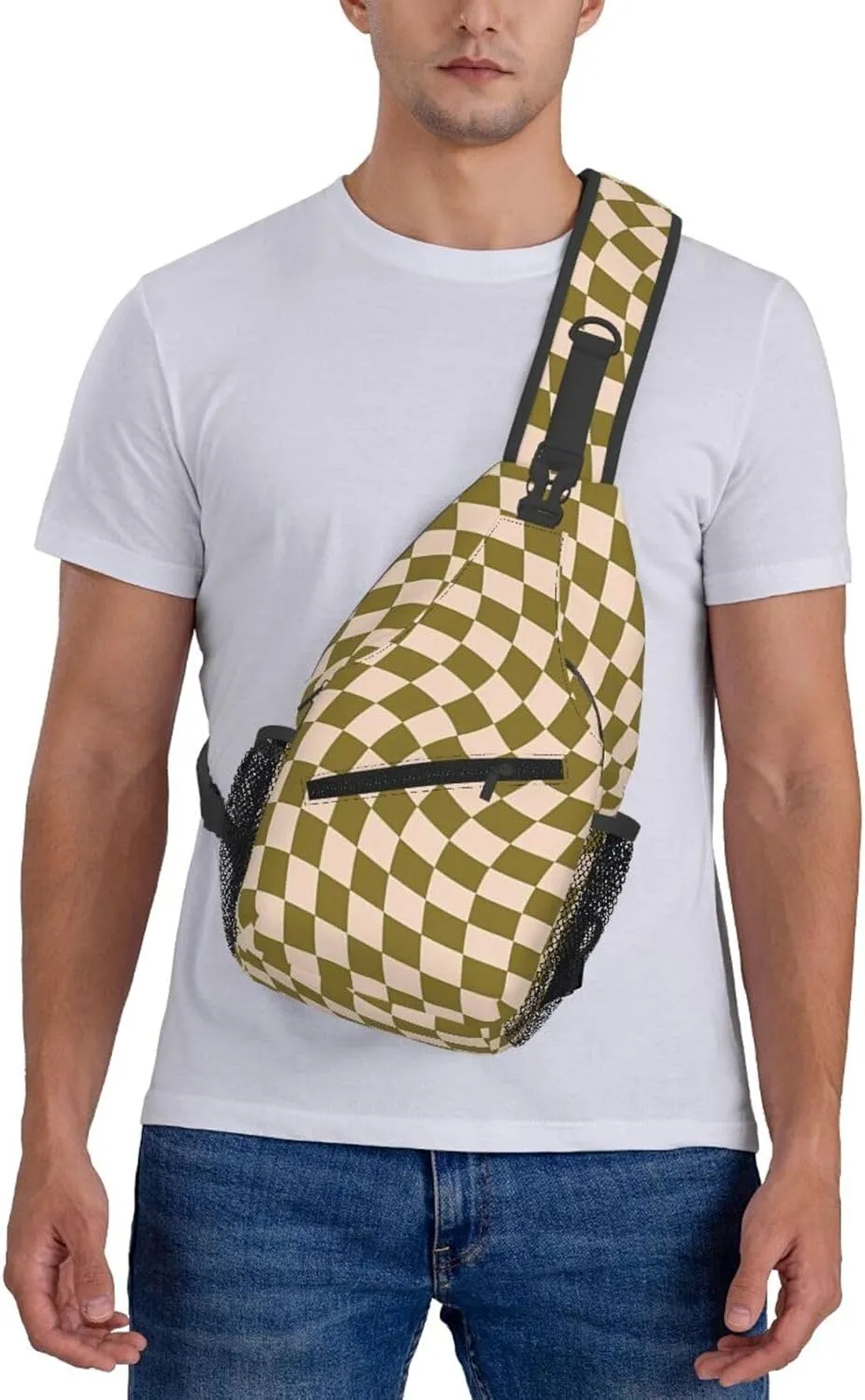 Green Moss Twist Check Chest Sling Bag Crossbody Shoulder Backpack Bag Gym Cycling Daypack Travel Hiking Cross Bag