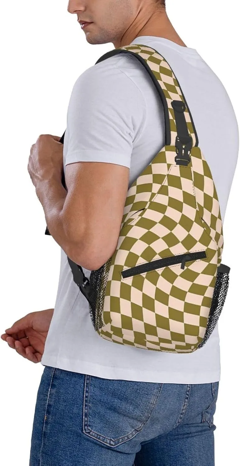 Green Moss Twist Check Chest Sling Bag Crossbody Shoulder Backpack Bag Gym Cycling Daypack Travel Hiking Cross Bag