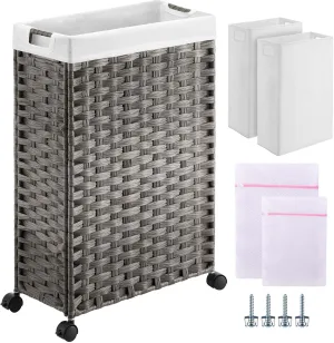 Greenstell Laundry Hamper with Wheels, 11.9 Gallon (45L) Small Clothes Hamper with 2 Removable Liner Bags & 2 Mesh Bags, Slim Rattan Laundry Basket for Bathroom, Bedroom, Grey