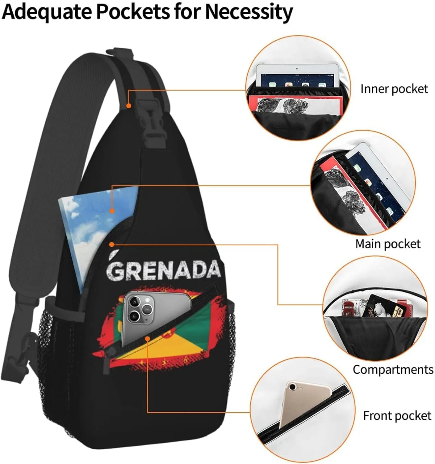 Grenada Flag Grenadian Proud Roots Crossbody Bag Cross Chest Bag Adjustable Sling Backpack Sports Gym Shoulder Bags Travel Cycling Daypack Diagonally Casual Rucksack
