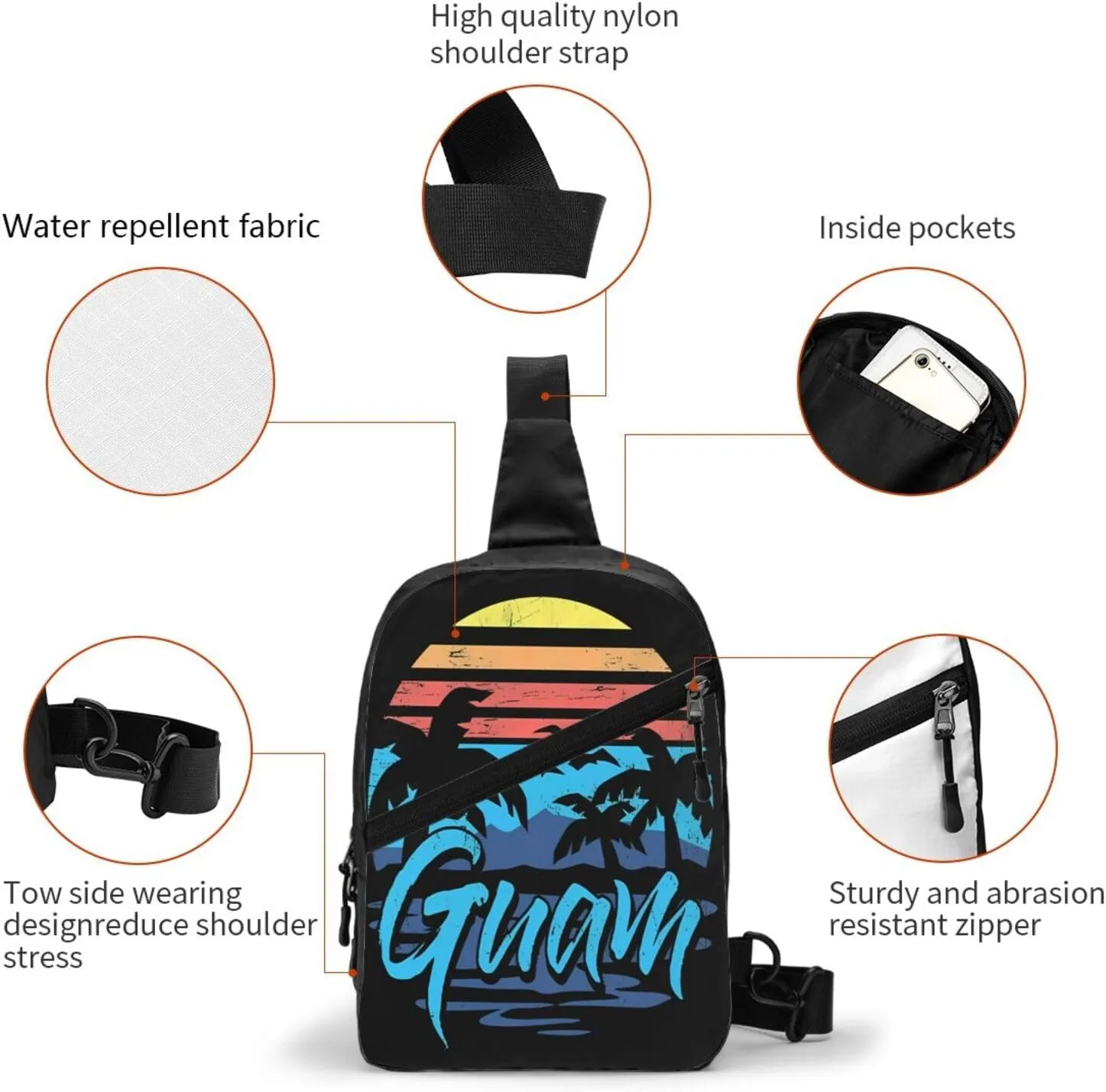 Guam Island Flag Packable Crossbody Bag Portable Sling Bags Foldable Travel Daypack Reusable Sports Shoulder Backpack Diagonally Chest Bag for Workout