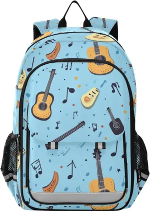 Guitar Music Pattern Backpack for Boys Girls Elementary School Bag Kids Bookbag Travel Rucksack With Reflective Stripes