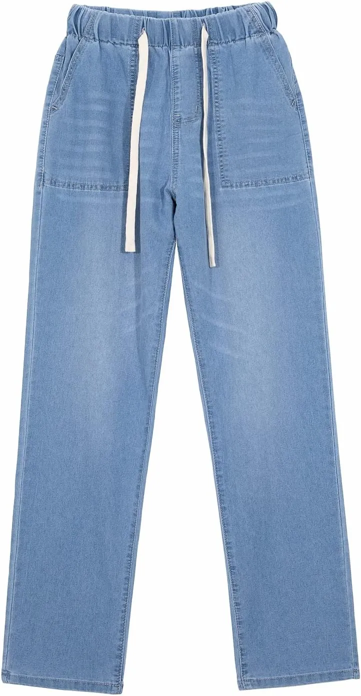 Hacikis Women's Drawstring Elastic Waist Cropped Jeans, Straight Leg Mid-Rise with Pockets