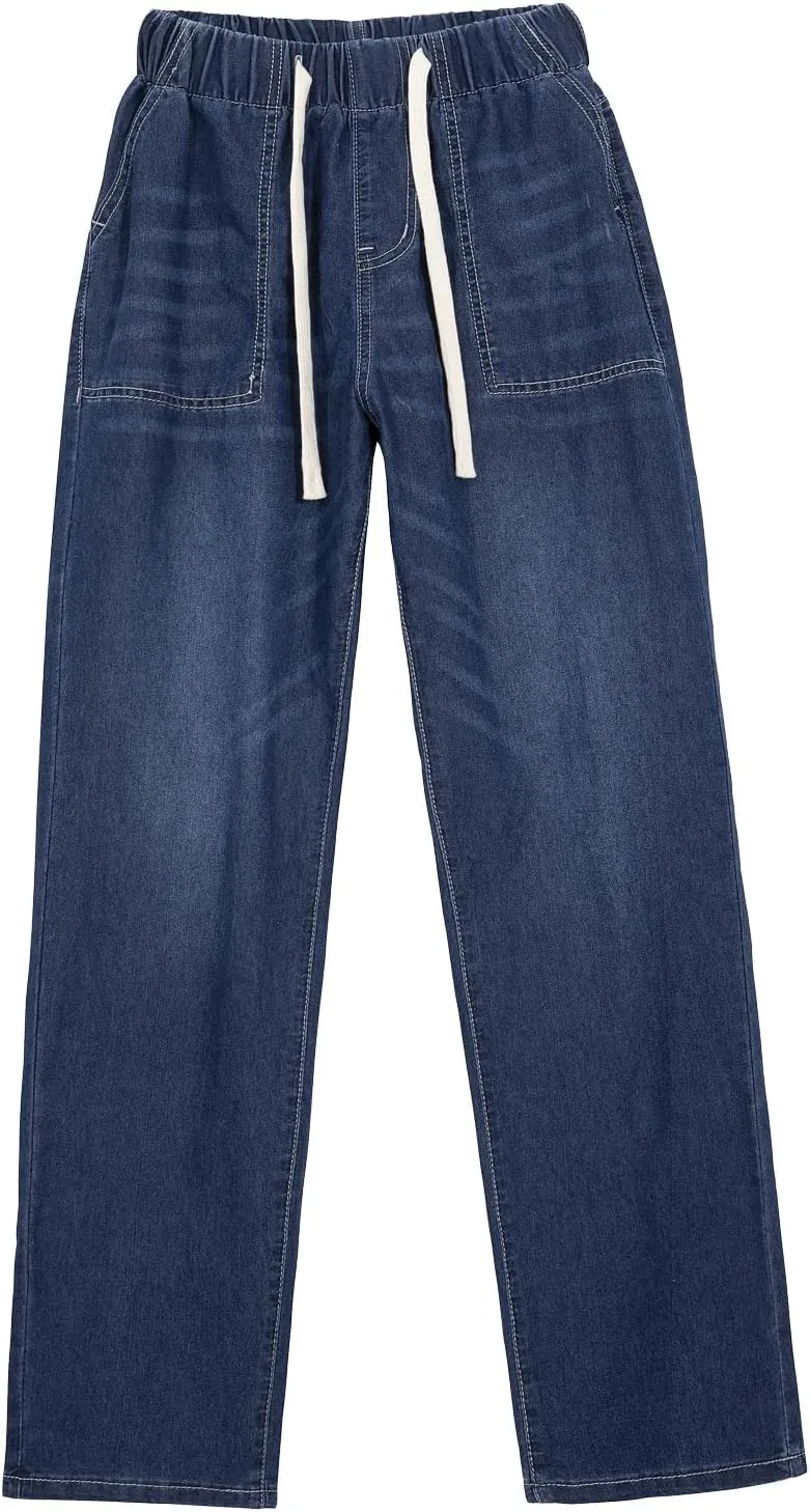 Hacikis Women's Drawstring Elastic Waist Cropped Jeans, Straight Leg Mid-Rise with Pockets