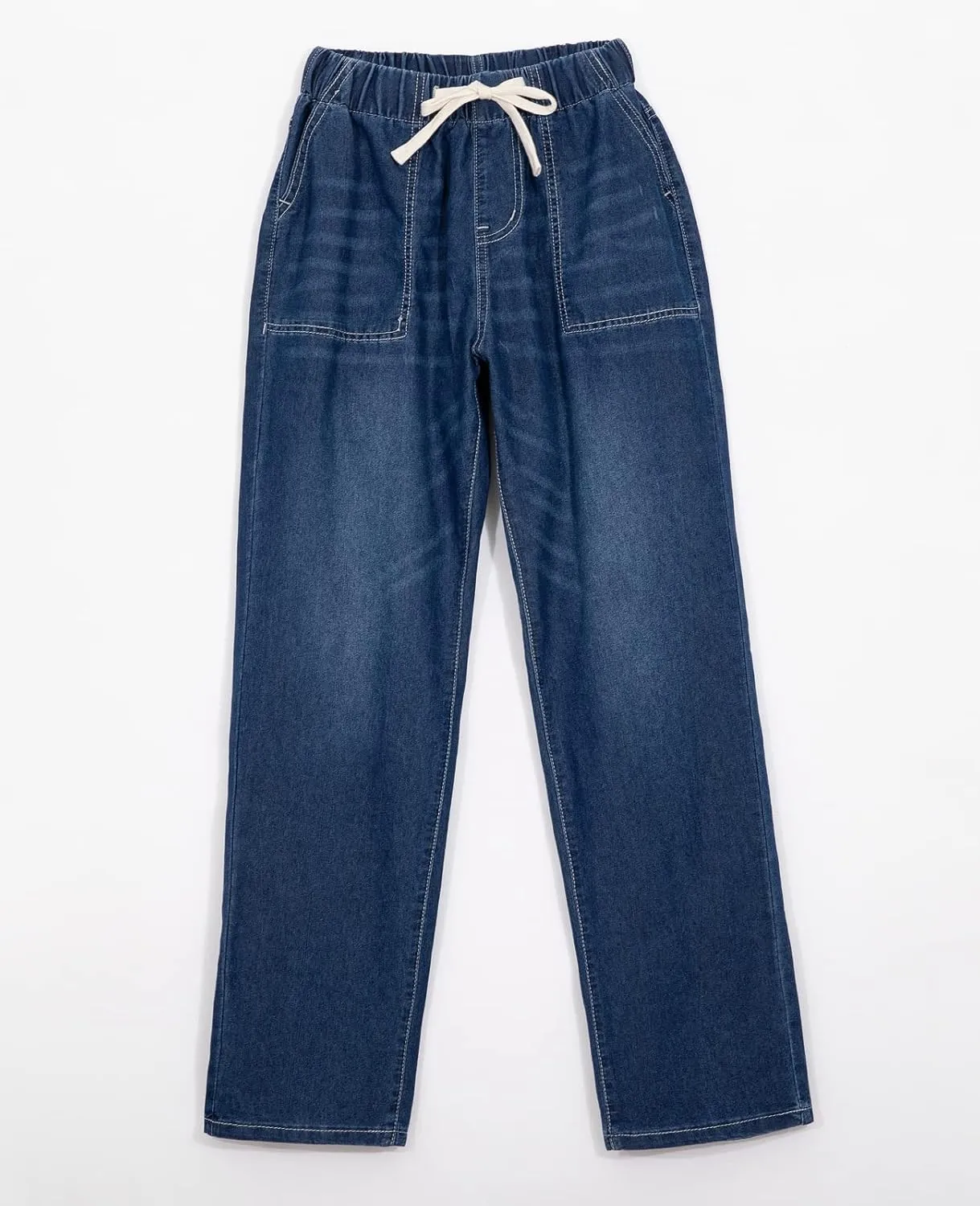Hacikis Women's Drawstring Elastic Waist Cropped Jeans, Straight Leg Mid-Rise with Pockets