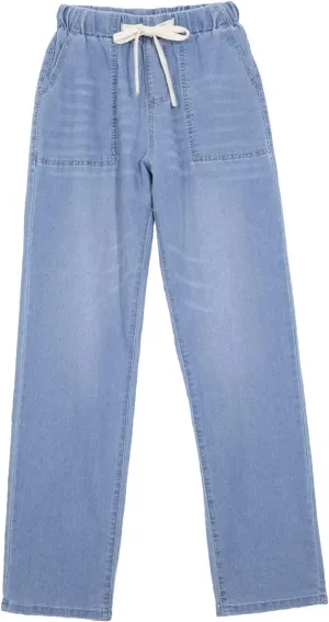 Hacikis Women's Drawstring Elastic Waist Cropped Jeans, Straight Leg Mid-Rise with Pockets