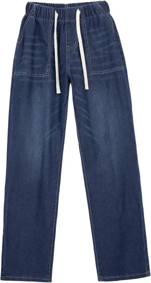 Hacikis Women's Drawstring Elastic Waist Cropped Jeans, Straight Leg Mid-Rise with Pockets