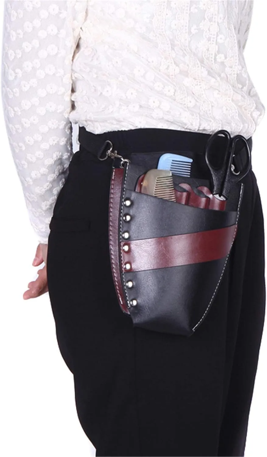 Hairdresser Scissor Bag PU Leather Salon Hairdressing Holster Professional Hair Scissor Pouch Holder Case Bag Waist Shoulder Belt for Shears, Combs, Clips, 22 x 17 x 3.5cm, Black