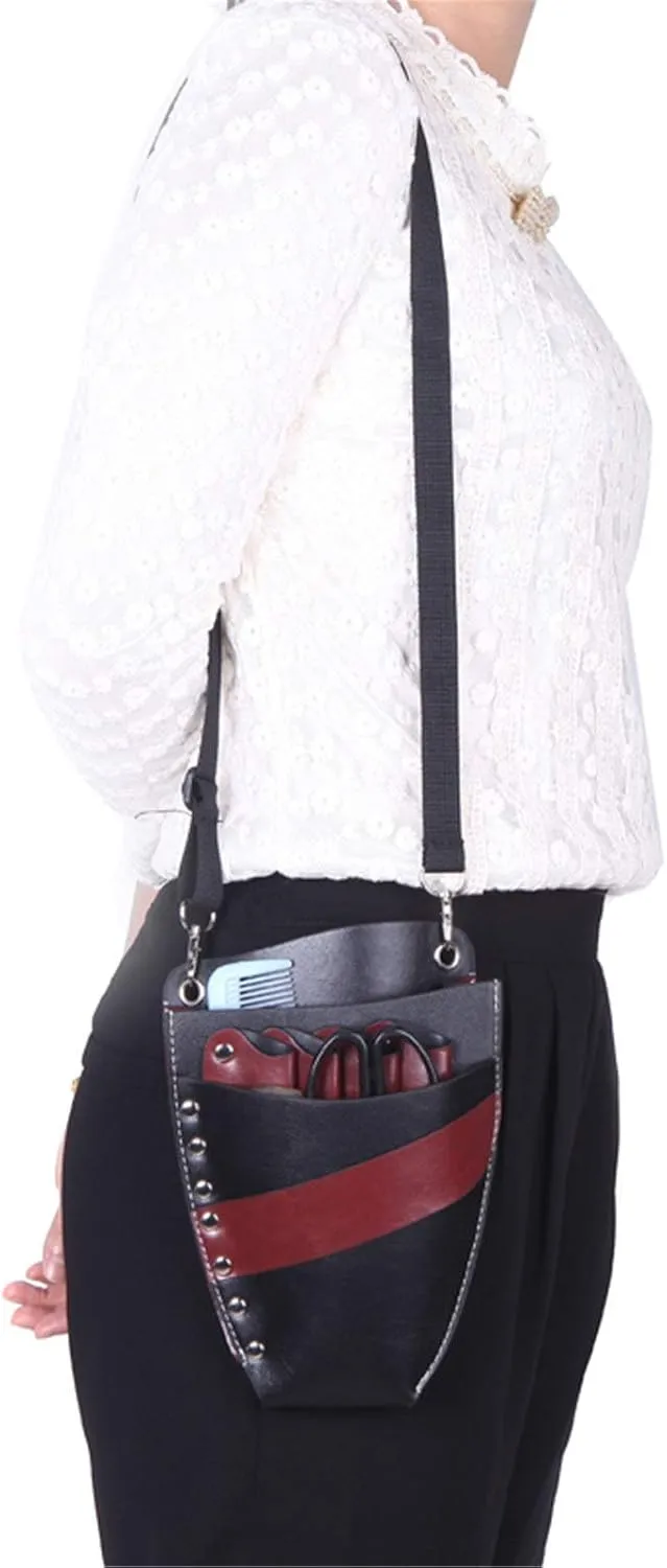 Hairdresser Scissor Bag PU Leather Salon Hairdressing Holster Professional Hair Scissor Pouch Holder Case Bag Waist Shoulder Belt for Shears, Combs, Clips, 22 x 17 x 3.5cm, Black