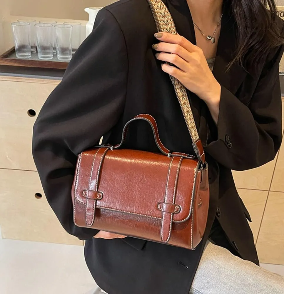 Halemet Retro Shoulder Bag Ladies Women Slouchy Crossbody Bags with Wide Shoulder Strap Slouchy Square Bag Satchel Carryall