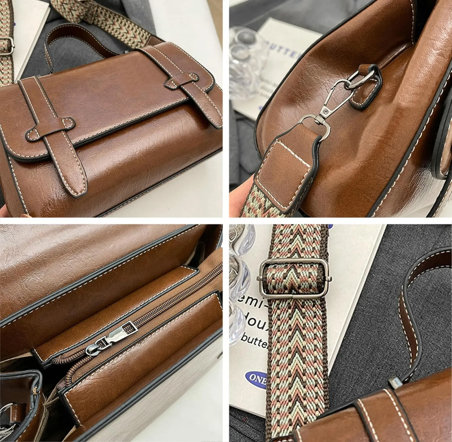 Halemet Retro Shoulder Bag Ladies Women Slouchy Crossbody Bags with Wide Shoulder Strap Slouchy Square Bag Satchel Carryall