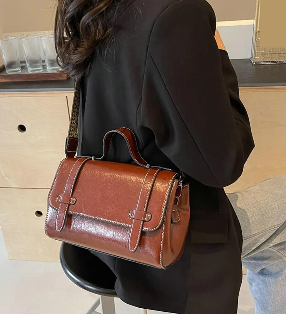 Halemet Retro Shoulder Bag Ladies Women Slouchy Crossbody Bags with Wide Shoulder Strap Slouchy Square Bag Satchel Carryall
