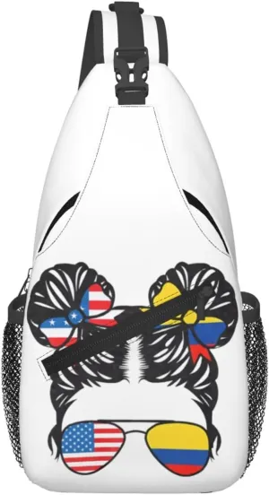 Half American Half Colombian Woman Colombia Flag Chest Sling Bag Crossbody Shoulder Backpack Bag Gym Cycling Daypack Travel Hiking Cross Bag