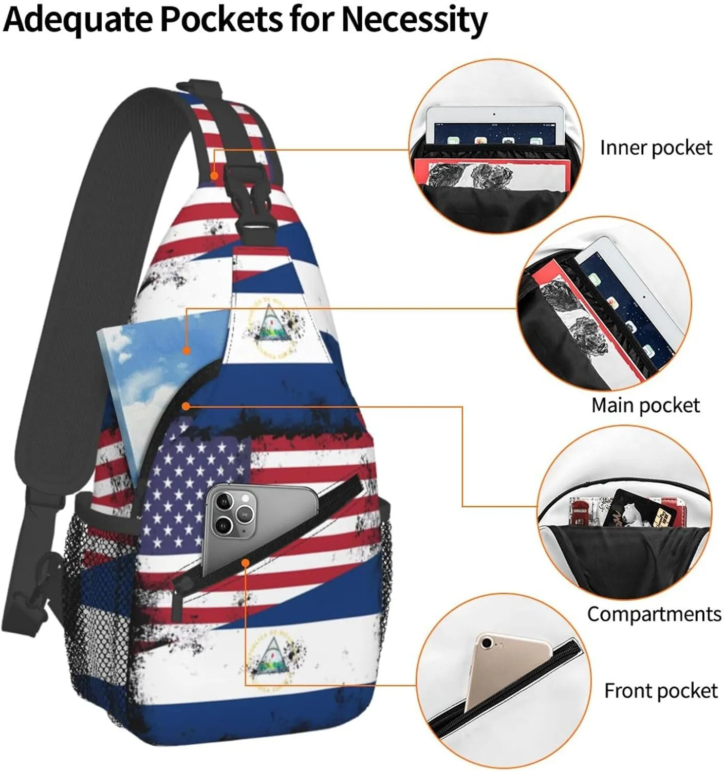 Half Nicaraguan Flag Design Vintage Nicaragua Usa Chest Sling Bag Crossbody Shoulder Backpack Bag Gym Cycling Daypack Travel Hiking Cross Bag
