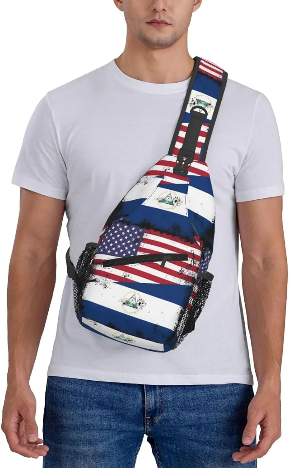 Half Nicaraguan Flag Design Vintage Nicaragua Usa Chest Sling Bag Crossbody Shoulder Backpack Bag Gym Cycling Daypack Travel Hiking Cross Bag