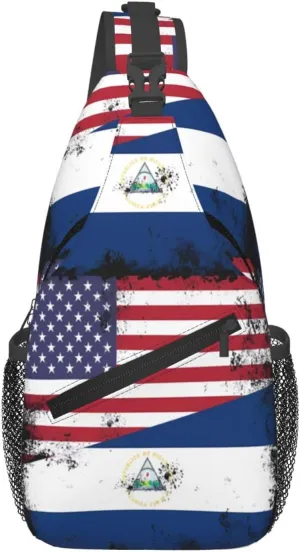 Half Nicaraguan Flag Design Vintage Nicaragua Usa Chest Sling Bag Crossbody Shoulder Backpack Bag Gym Cycling Daypack Travel Hiking Cross Bag