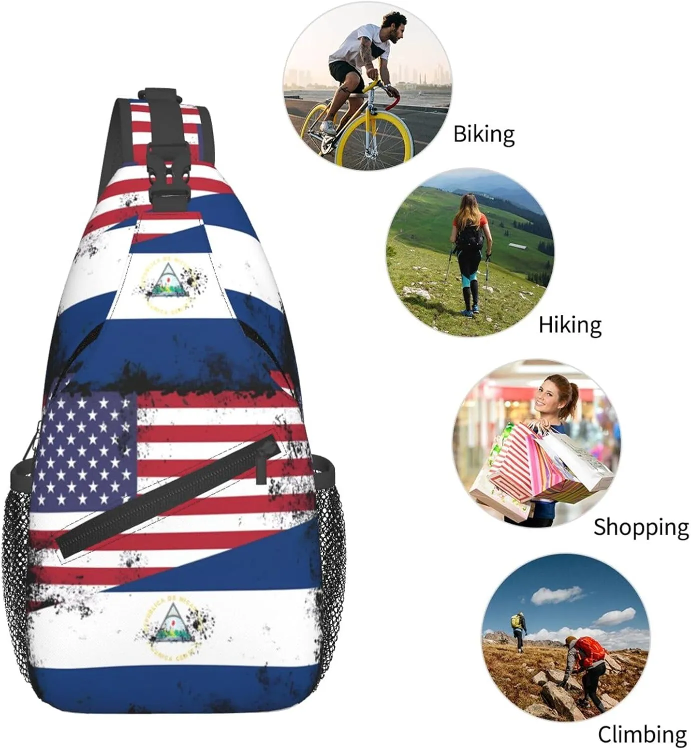 Half Nicaraguan Flag Design Vintage Nicaragua Usa Chest Sling Bag Crossbody Shoulder Backpack Bag Gym Cycling Daypack Travel Hiking Cross Bag