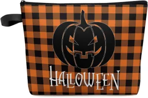 Halloween Pumpkin Carving Cosmetic Bags for Women, Orange Black Buffalo Plaid Small Makeup Bag for Purse, Waterproof Travel Toiletry Bag Accessories Organizer, 1PCS