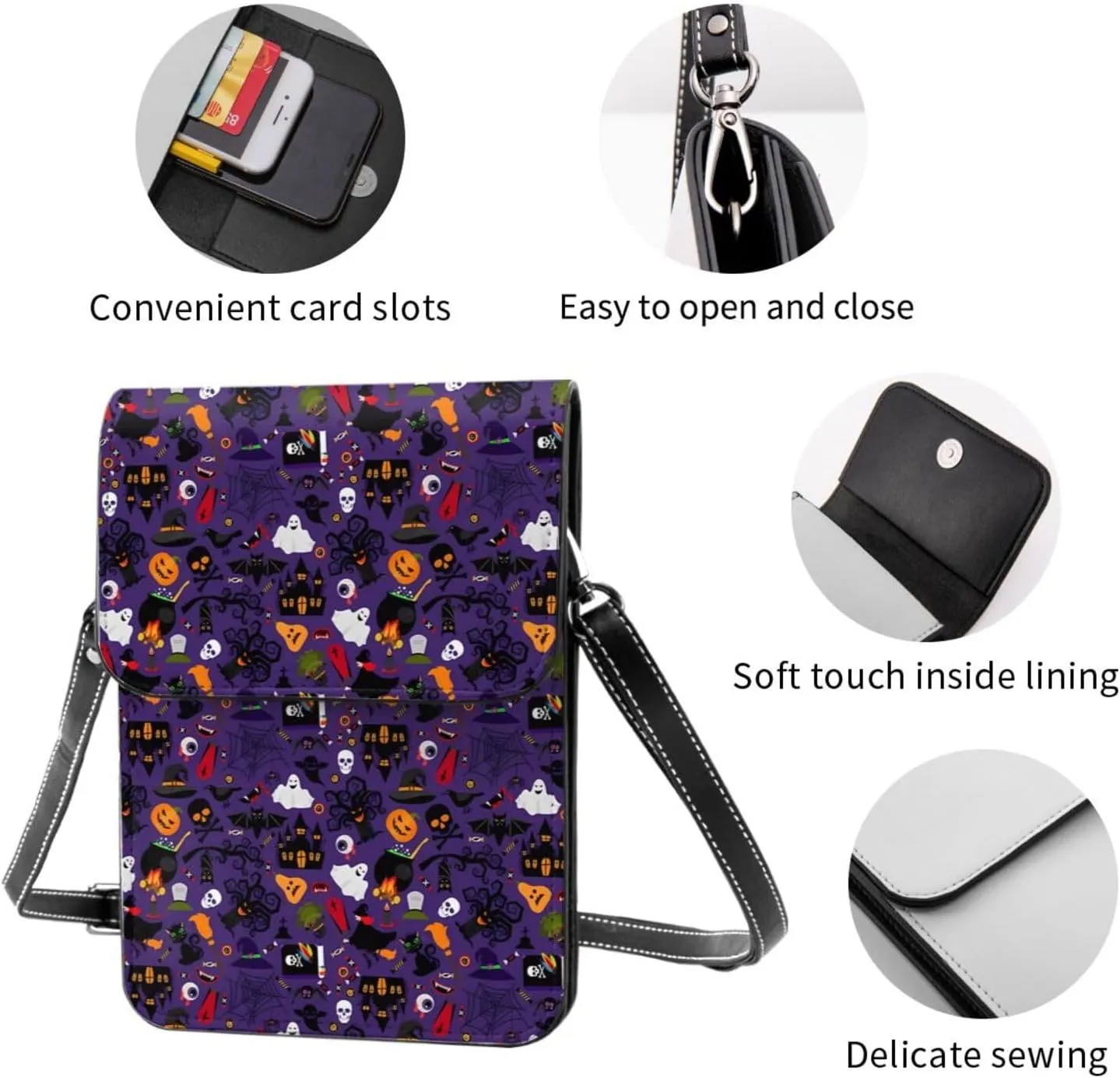 Halloween Spider Web Skull Bone Leather Crossbody Phone Purse for Women Cute Wallet Bags Lightweight Mini Sling Bag