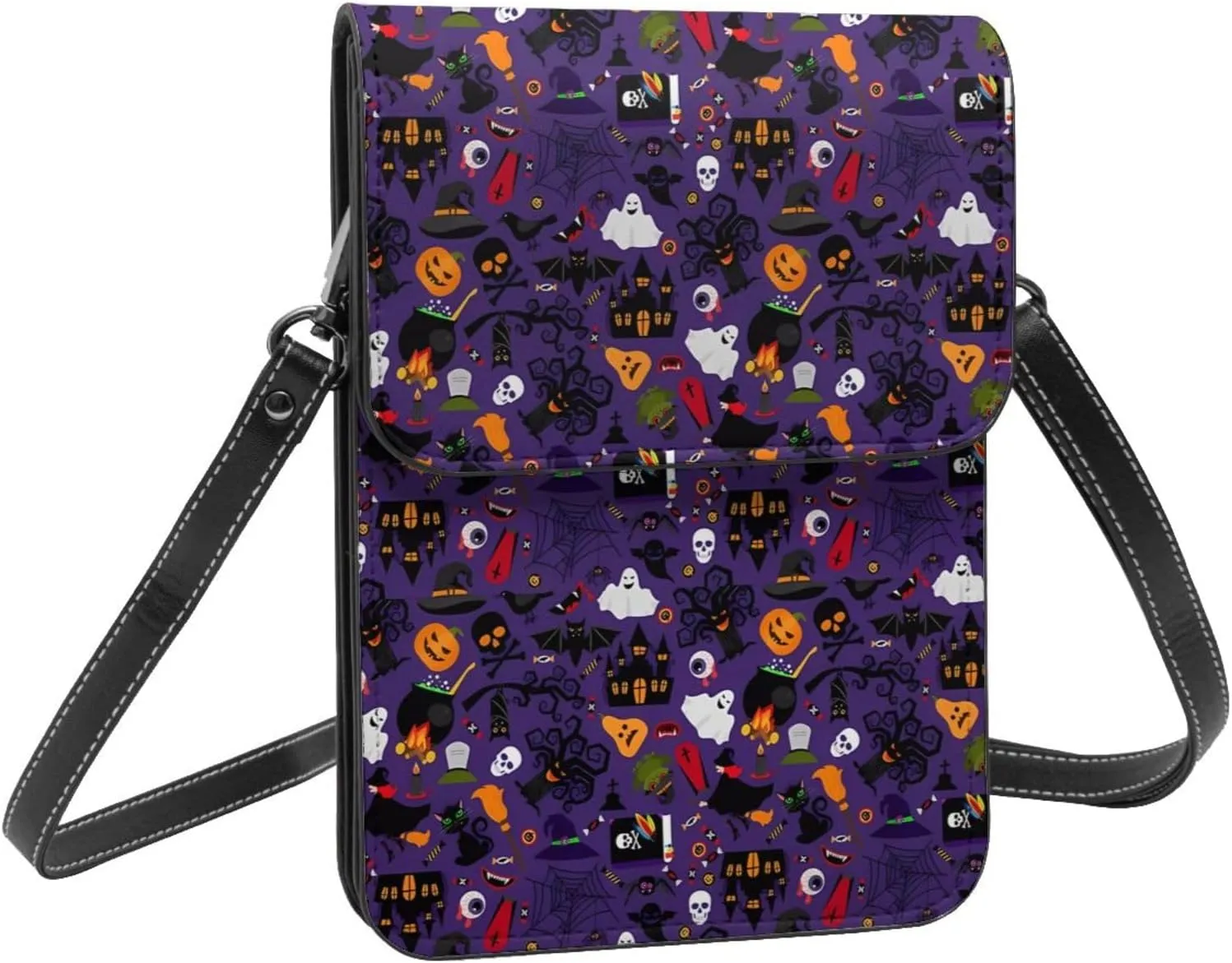 Halloween Spider Web Skull Bone Leather Crossbody Phone Purse for Women Cute Wallet Bags Lightweight Mini Sling Bag