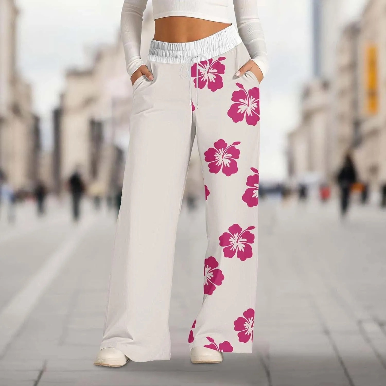 Halloween Sweatpant Women Lacing Solid Color Waist Waist Wide Leg Casual Pants Elastic High Waisted Long Pants