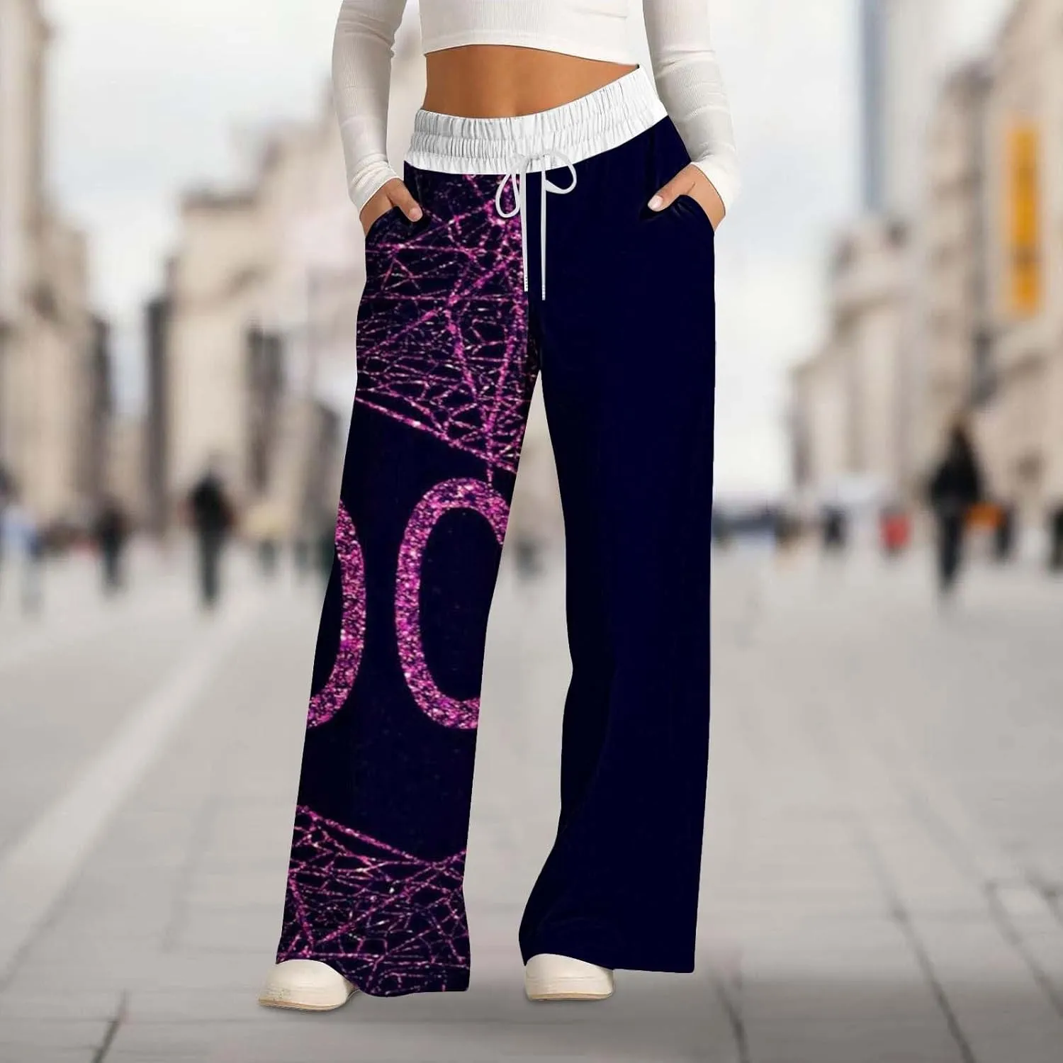 Halloween Sweatpant Women Lacing Solid Color Waist Waist Wide Leg Casual Pants Elastic High Waisted Long Pants