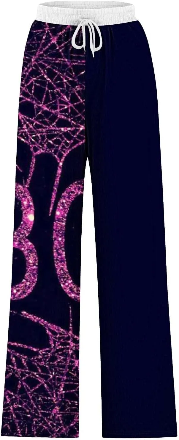 Halloween Sweatpant Women Lacing Solid Color Waist Waist Wide Leg Casual Pants Elastic High Waisted Long Pants